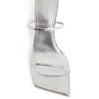 Amina Muaddi Silver Calfskin Stiletto Heel Sandals