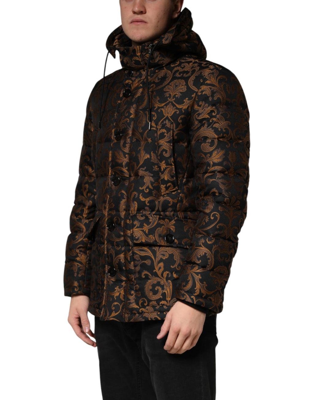 Dolce & Gabbana Black Floral Jacquard Quilted Hooded Jacket