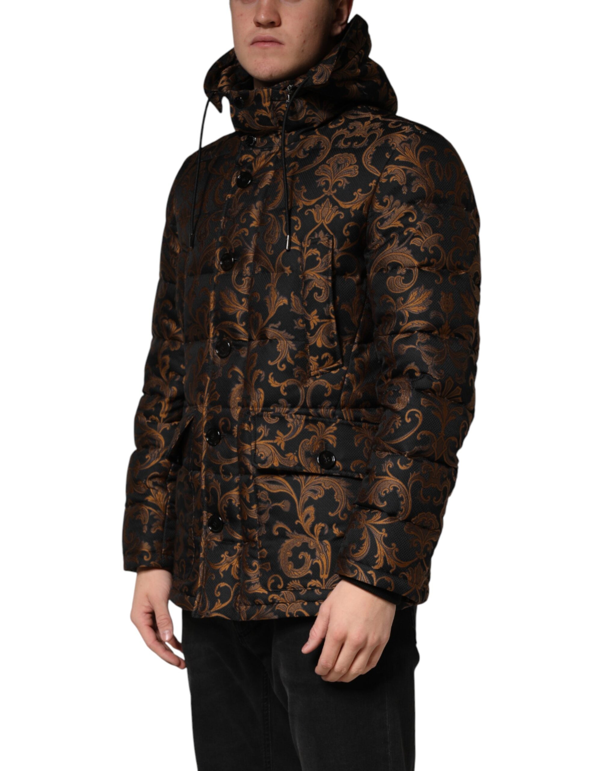 Dolce & Gabbana Black Floral Jacquard Quilted Hooded Jacket