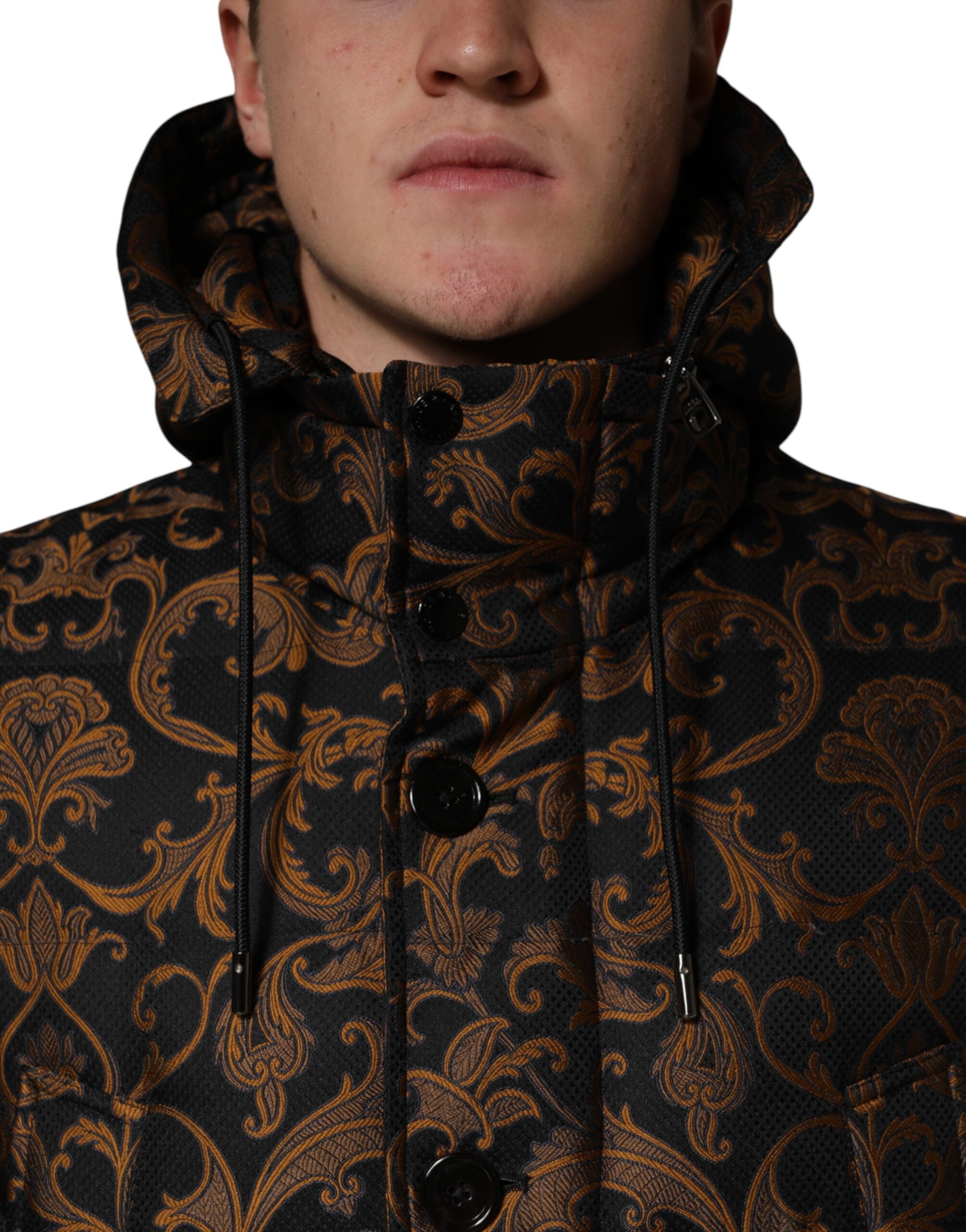 Dolce & Gabbana Black Floral Jacquard Quilted Hooded Jacket