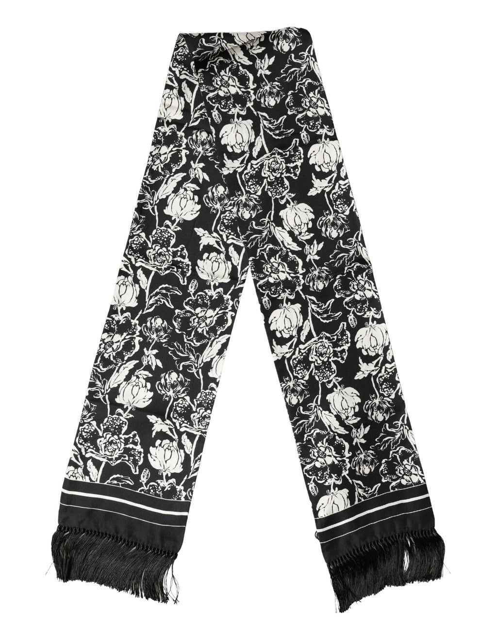 Authentic Designer Dolce & Gabbana Black White Silk Floral Print Fringe 136cm X 15.5cm  Scarf