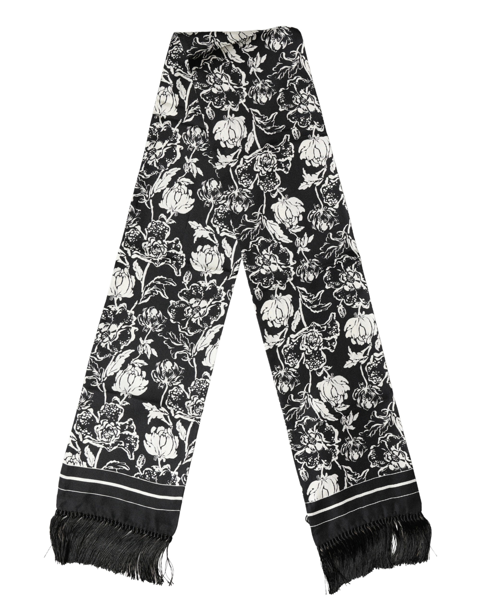 Authentic Designer Dolce & Gabbana Black White Silk Floral Print Fringe 136cm X 15.5cm  Scarf