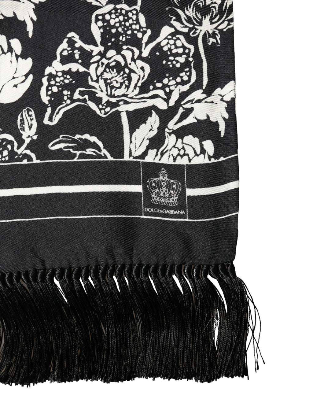 Authentic Designer Dolce & Gabbana Black White Silk Floral Print Fringe 136cm X 15.5cm  Scarf