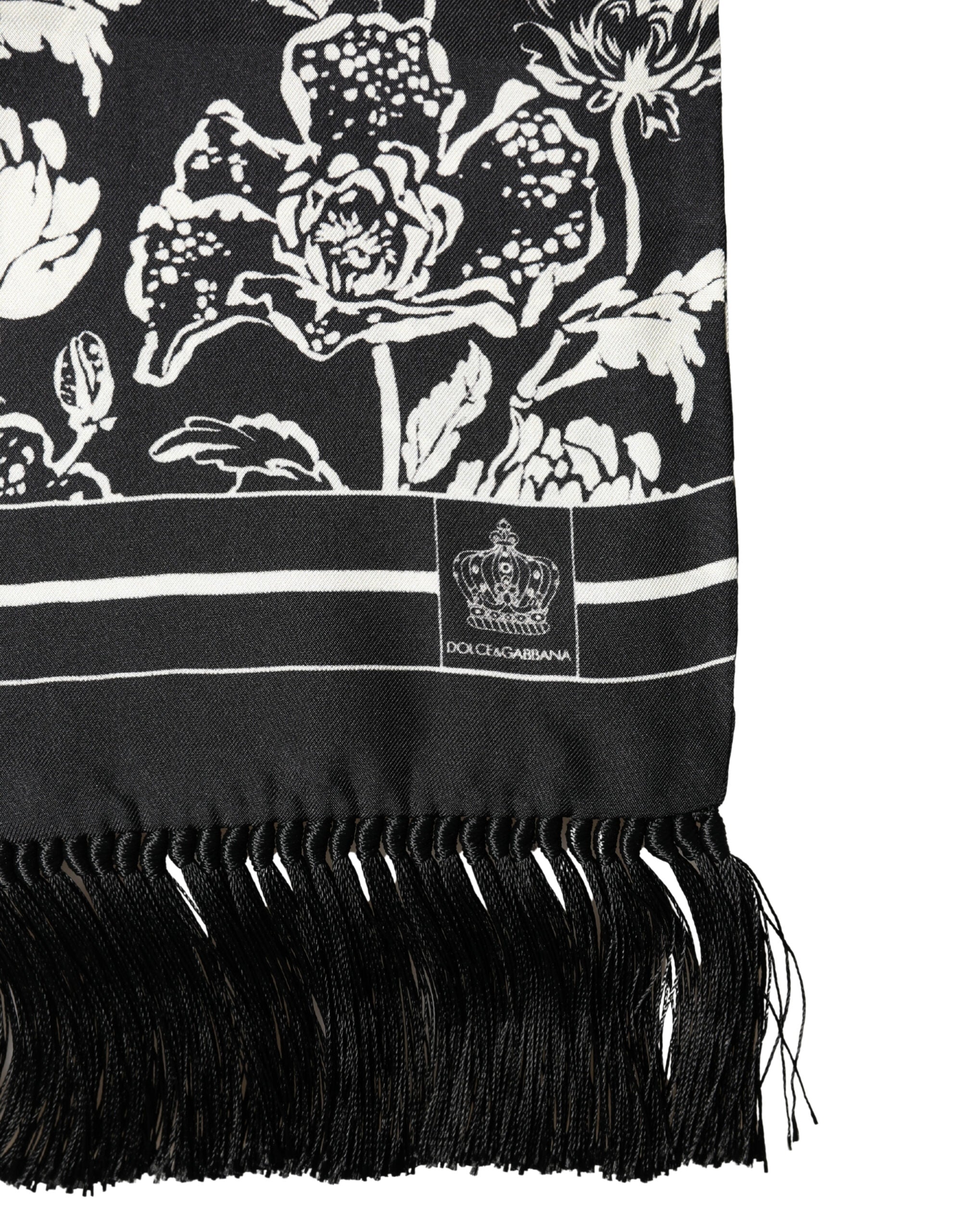 Authentic Designer Dolce & Gabbana Black White Silk Floral Print Fringe 136cm X 15.5cm  Scarf