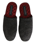 Authentic Designer Dolce & Gabbana Dark Grey Charcoal Wool Red Slippers Shoes