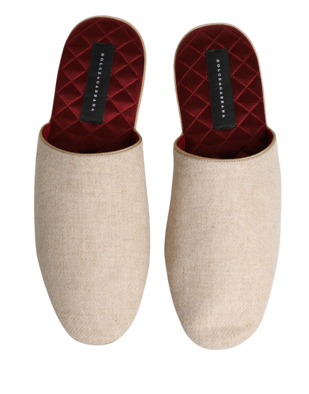 Authentic Designer Dolce & Gabbana Beige Shetland Wool Red Quilted Slippers Shoes