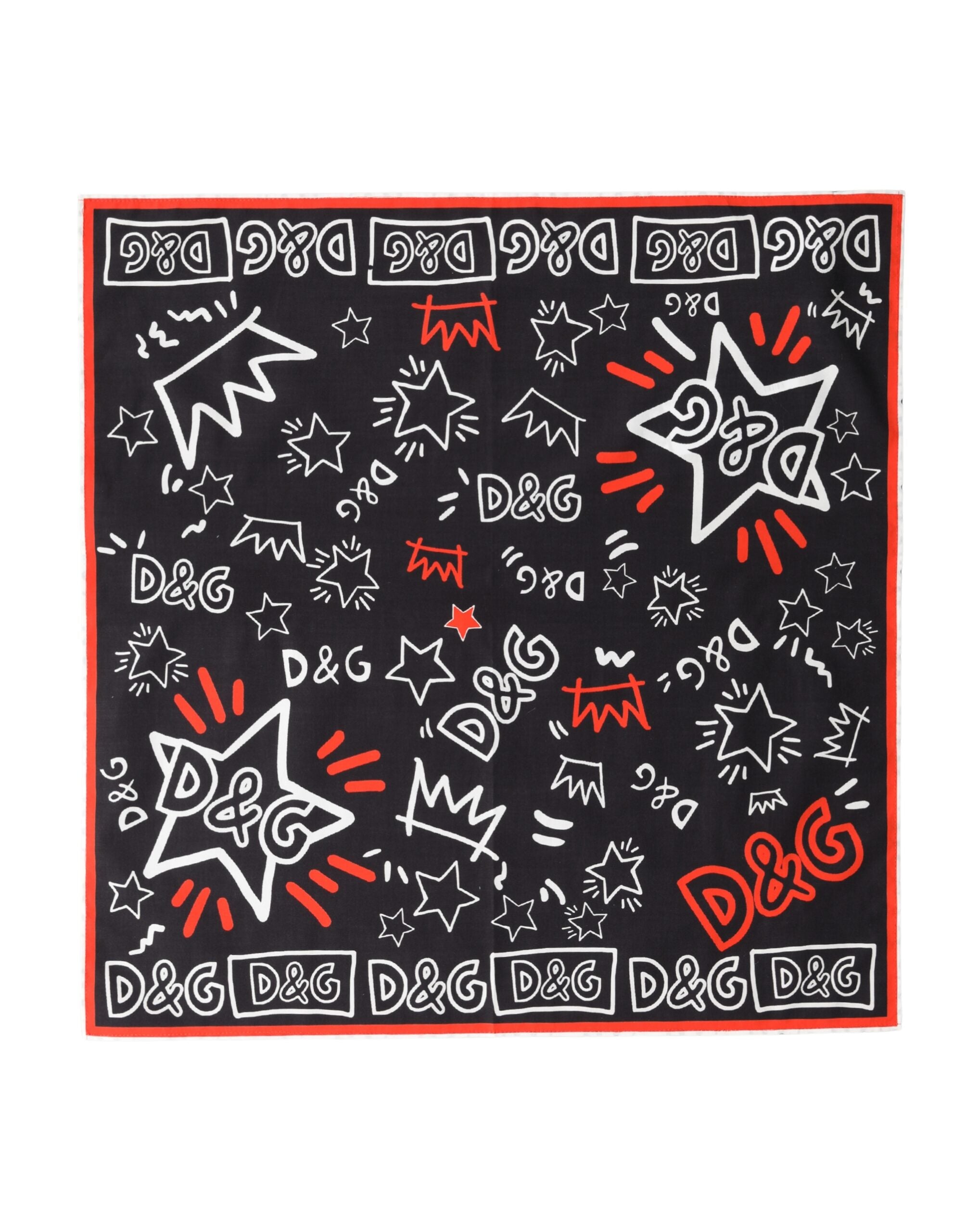 Authentic Designer Dolce & Gabbana Black White Red DG Crown Cotton Foulard 47cm x 46cm Scarf