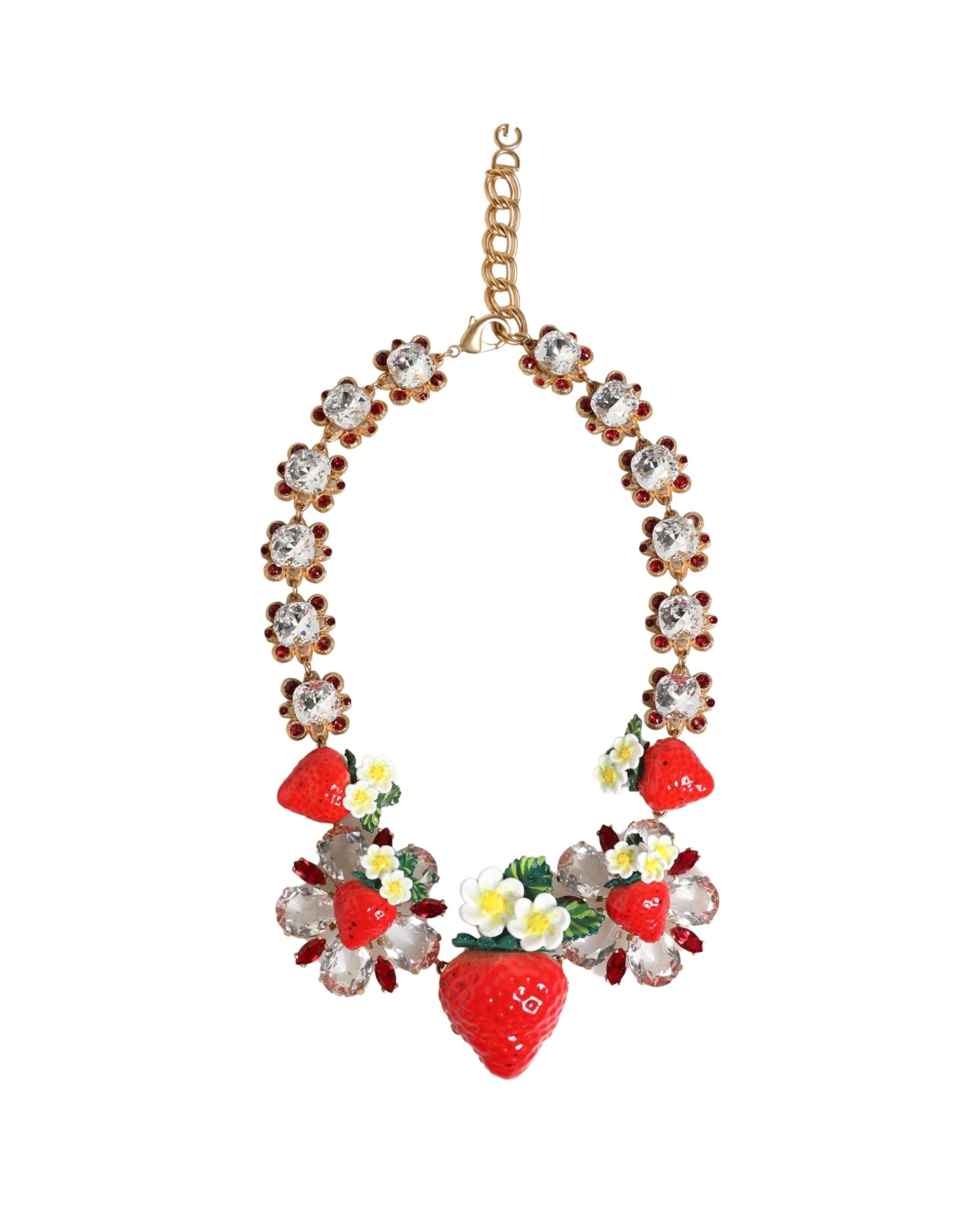 Authentic Designer Dolce & Gabbana Gold Brass FRUIT Pendants Flowers Crystal Logo Necklace