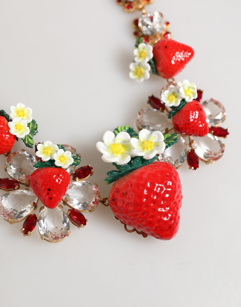 Authentic Designer Dolce & Gabbana Gold Brass FRUIT Pendants Flowers Crystal Logo Necklace