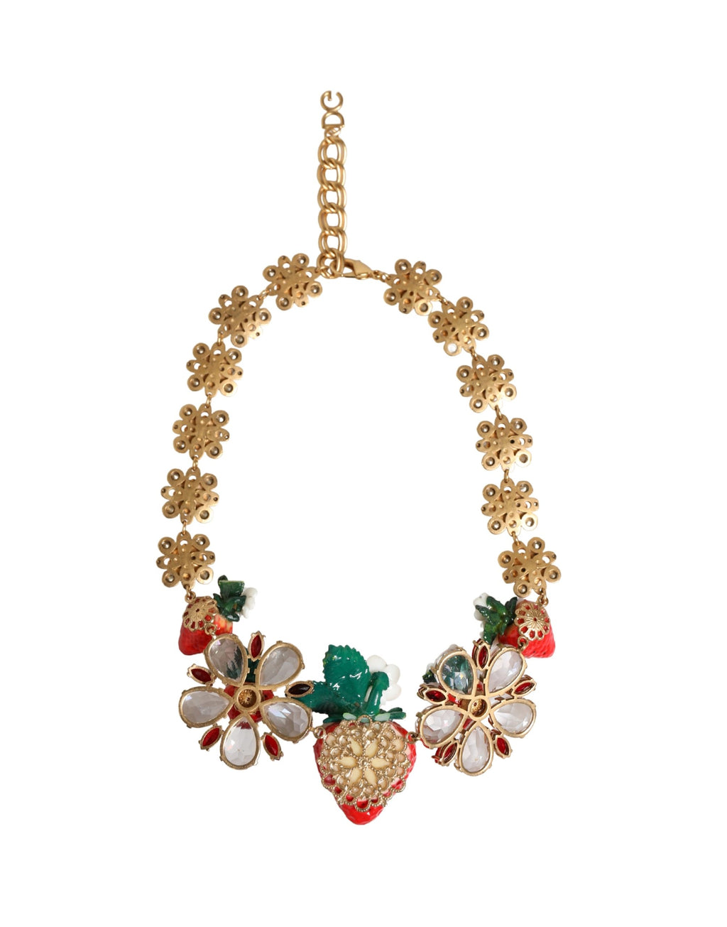 Authentic Designer Dolce & Gabbana Gold Brass FRUIT Pendants Flowers Crystal Logo Necklace