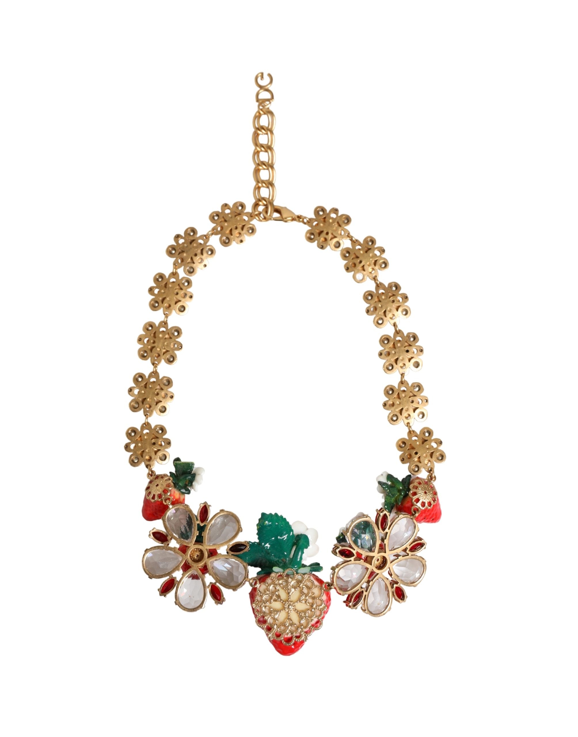 Authentic Designer Dolce & Gabbana Gold Brass FRUIT Pendants Flowers Crystal Logo Necklace