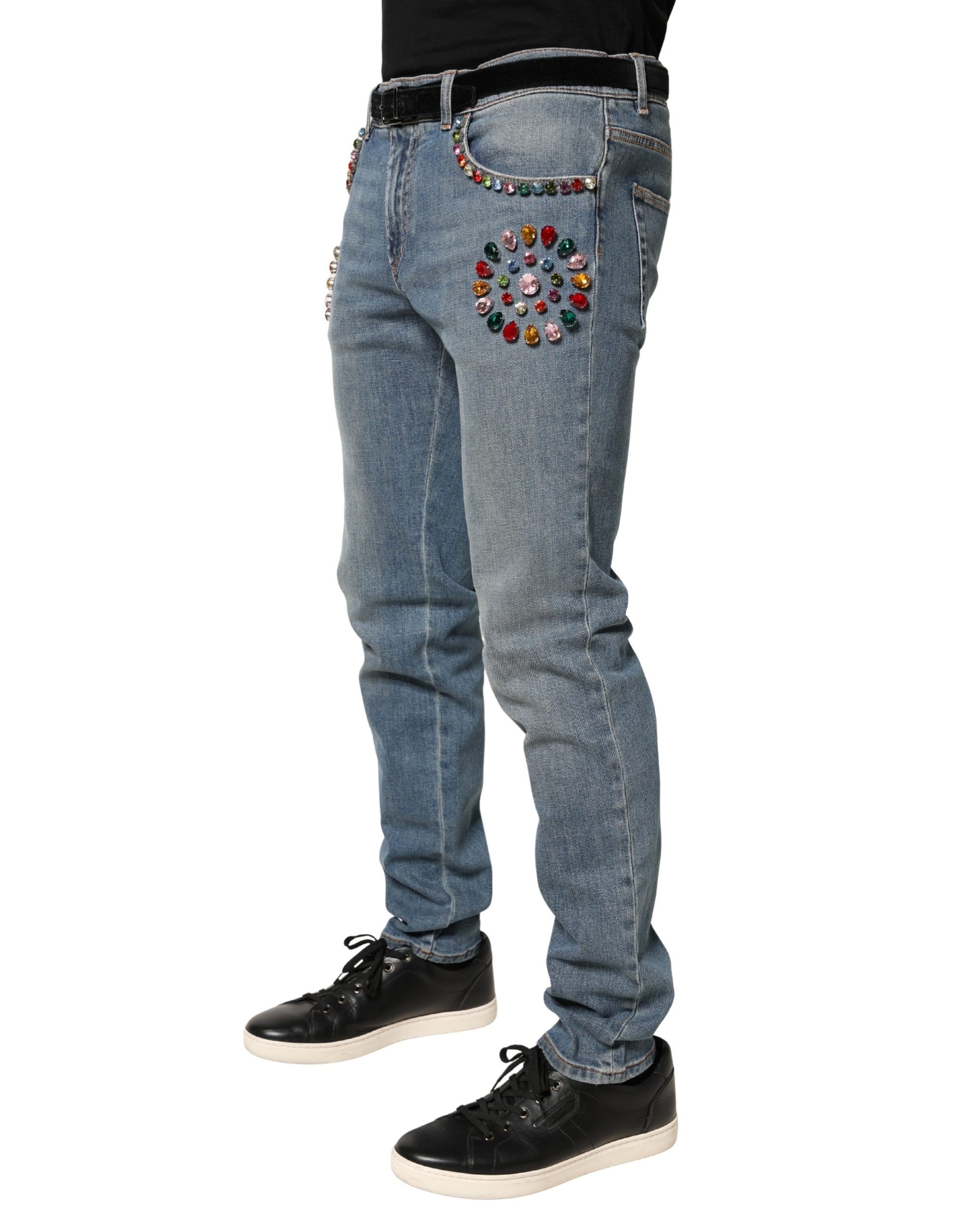Authentic Designer Dolce & Gabbana Blue Embellished Loose Cotton Men Denim Jeans