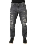 Authentic Designer Dolce & Gabbana Dark Gray Tattered Cotton Loose Denim Jeans