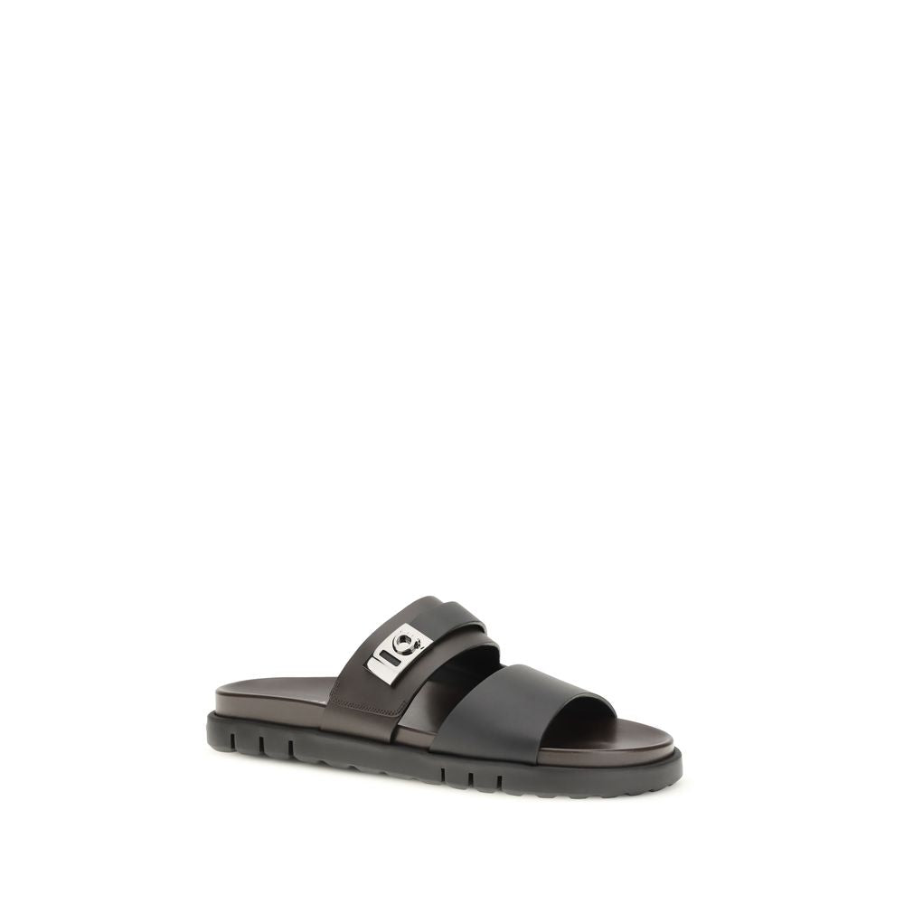 Ferragamo Black Calf Leather Bos Taurus Flat Sandals