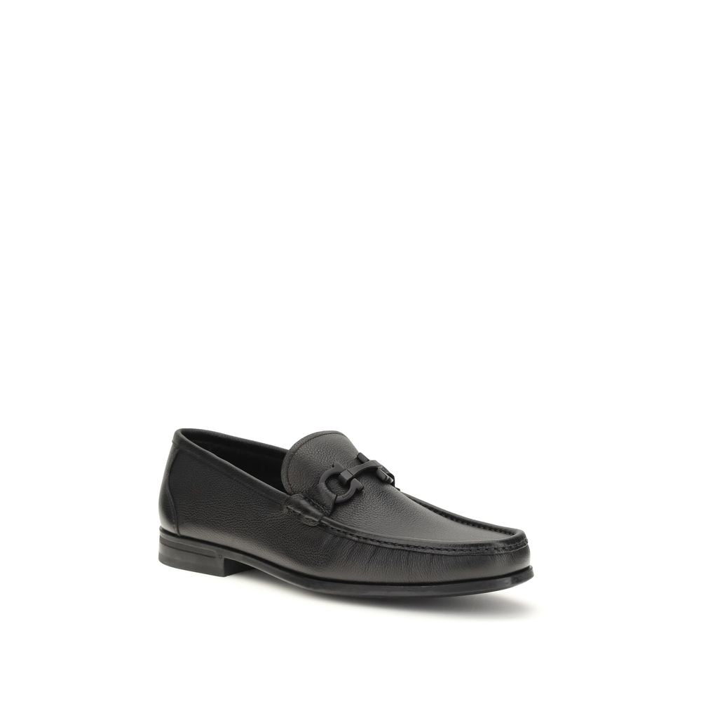 Ferragamo Black Calf Leather Bos Taurus Slip-On Loafers