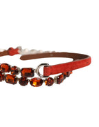 Authentic Designer Dolce & Gabbana Red Velvet Crystals Chain Embellished Belt