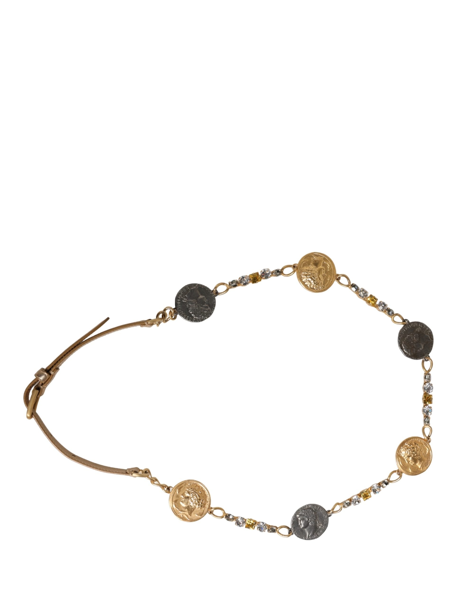 Authentic Designer Dolce & Gabbana Gold Brass Chain Coin Embellished Metal Buckle Belt