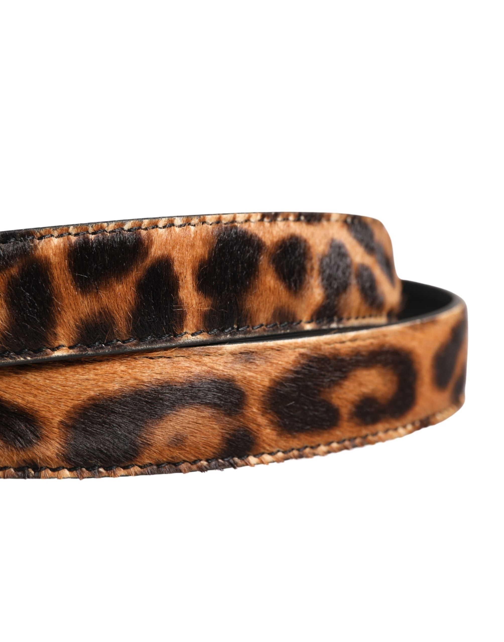 Dolce & Gabbana Brown Calf Fur Leopard Metal Buckle Belt