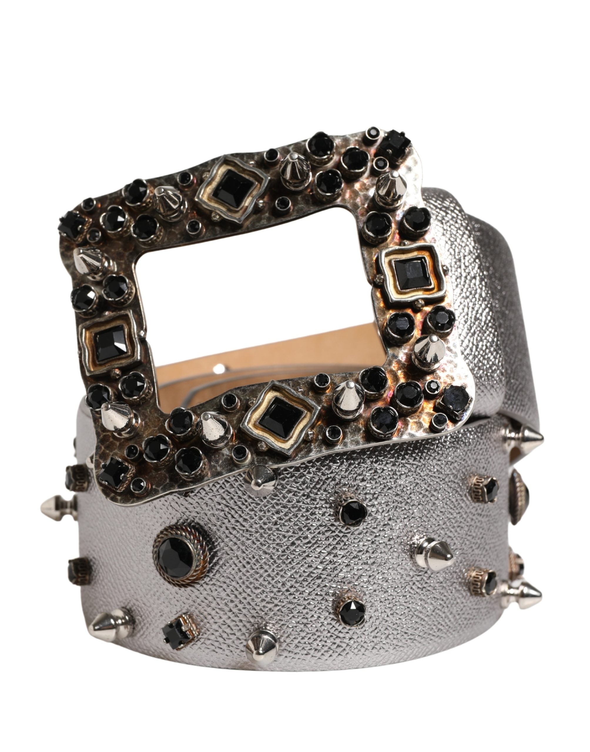 Authentic Designer Dolce & Gabbana Silver Leather Crystal Metal Buckle Belt