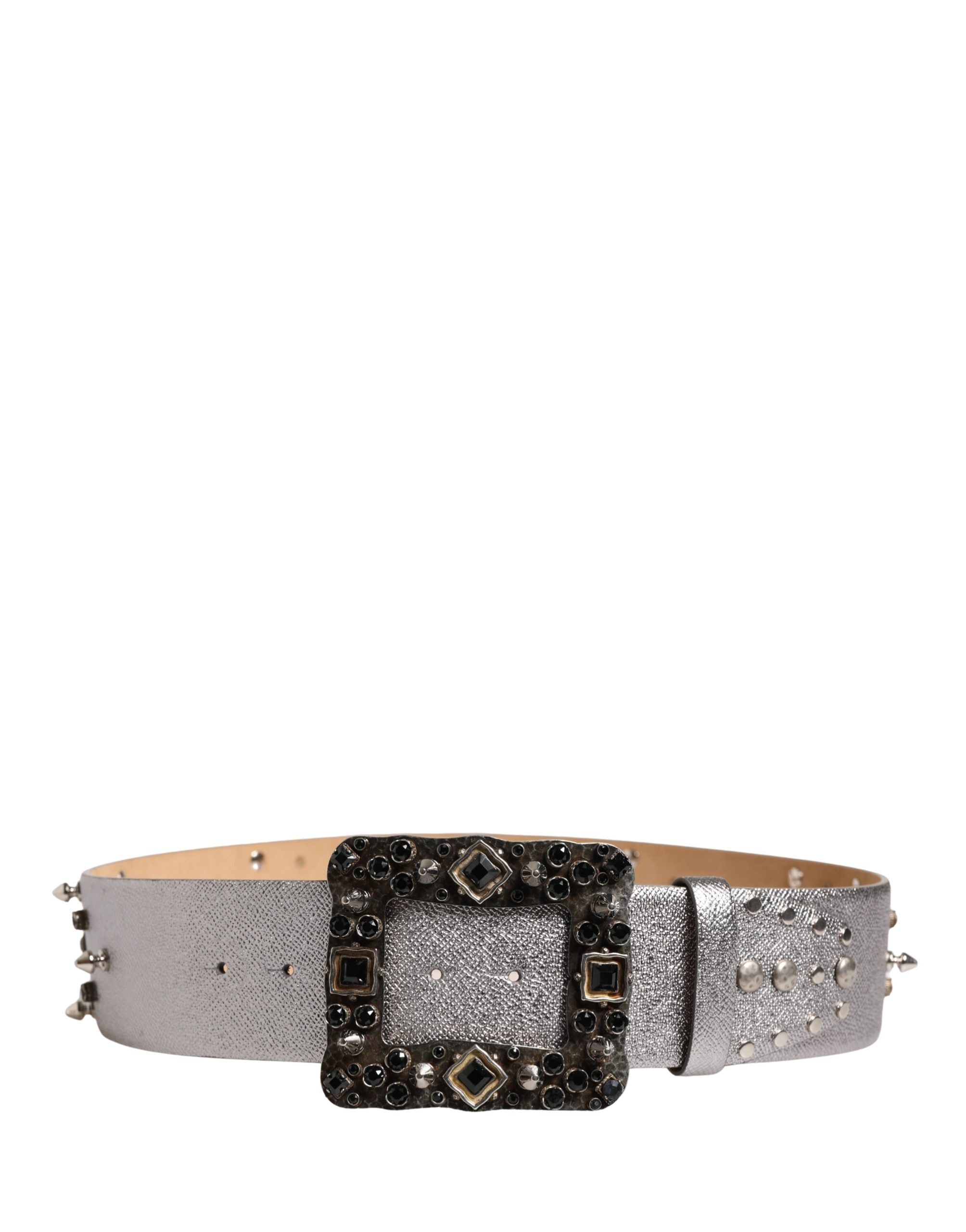 Authentic Designer Dolce & Gabbana Silver Leather Crystal Metal Buckle Belt