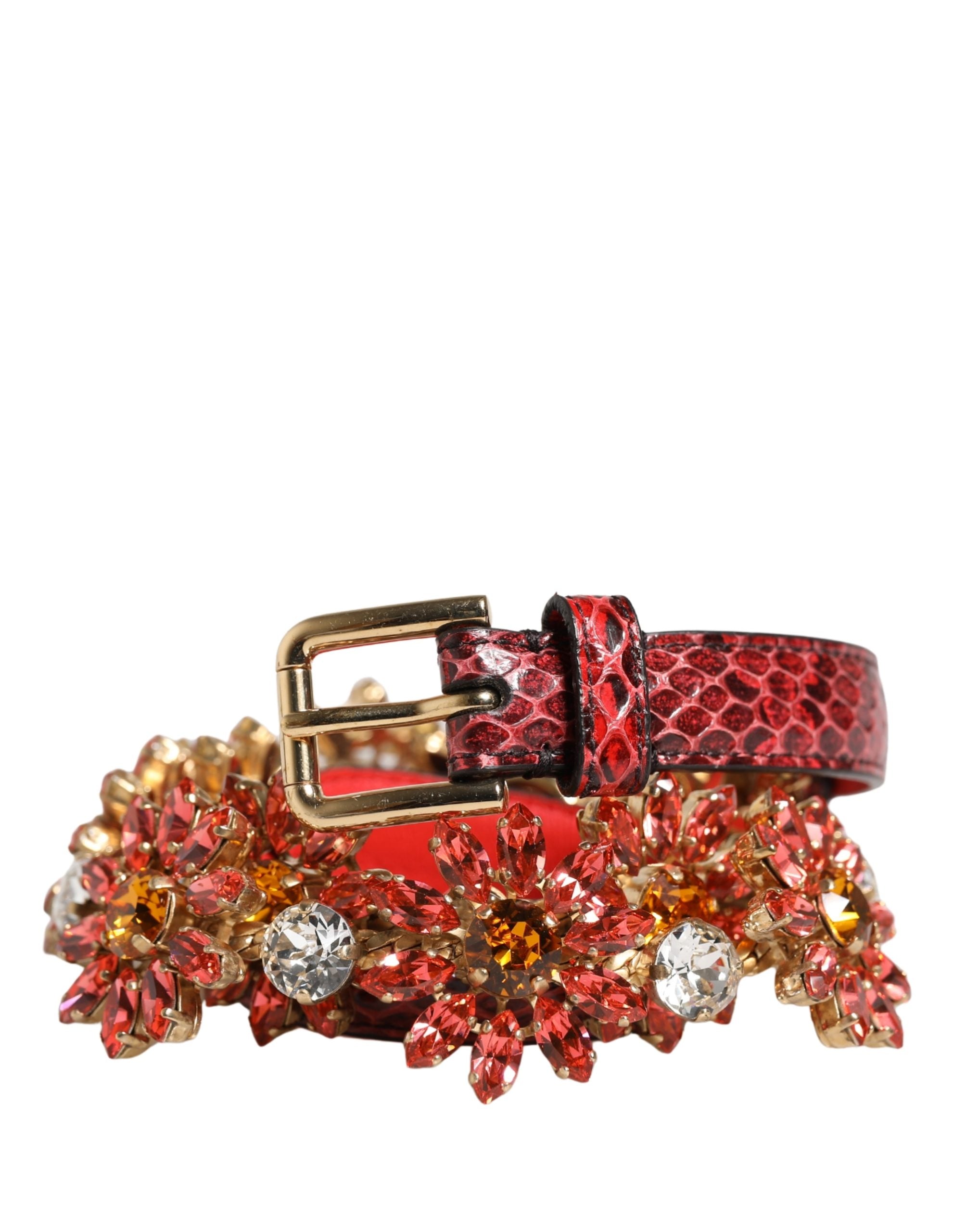 Authentic Designer Dolce & Gabbana Red Leather Daisy Crystal Embellished Waist Belt