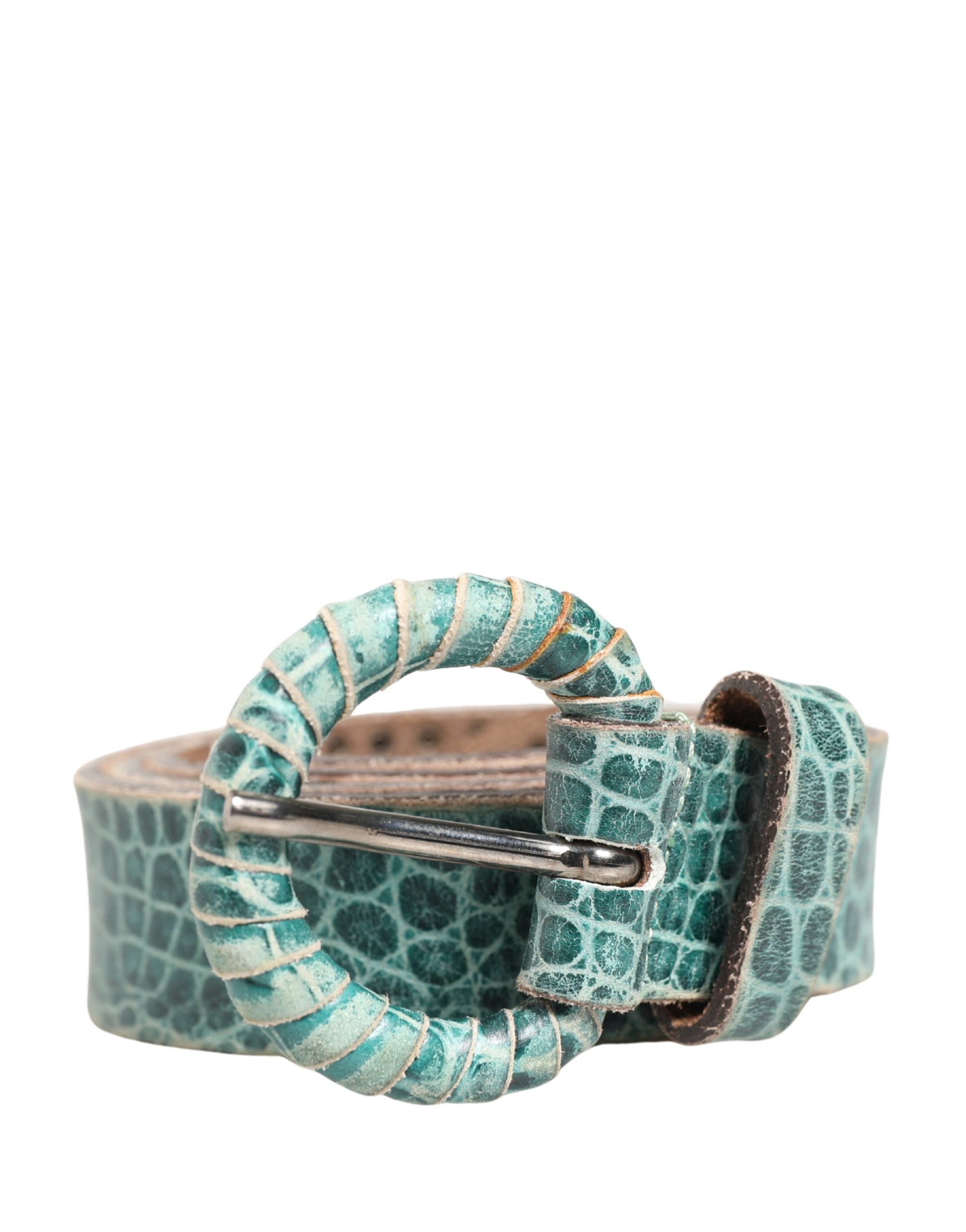 Scervino Street Women Green Leather Croco Print Studded Belt
