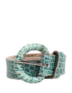 Scervino Street Women Green Leather Croco Print Studded Belt