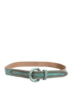 Scervino Street Women Green Leather Croco Print Studded Belt