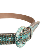 Scervino Street Women Green Leather Croco Print Studded Belt