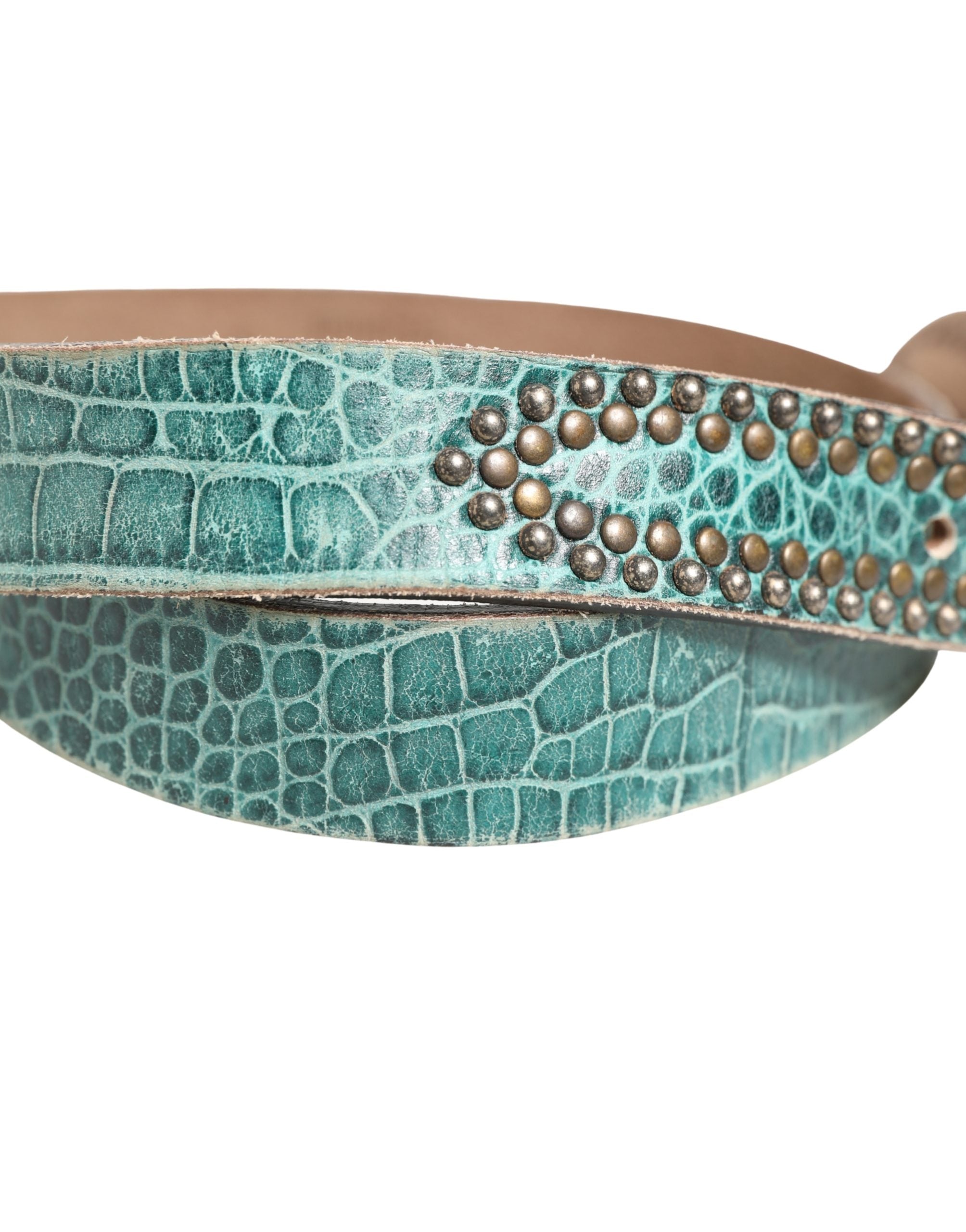 Scervino Street Women Green Leather Croco Print Studded Belt