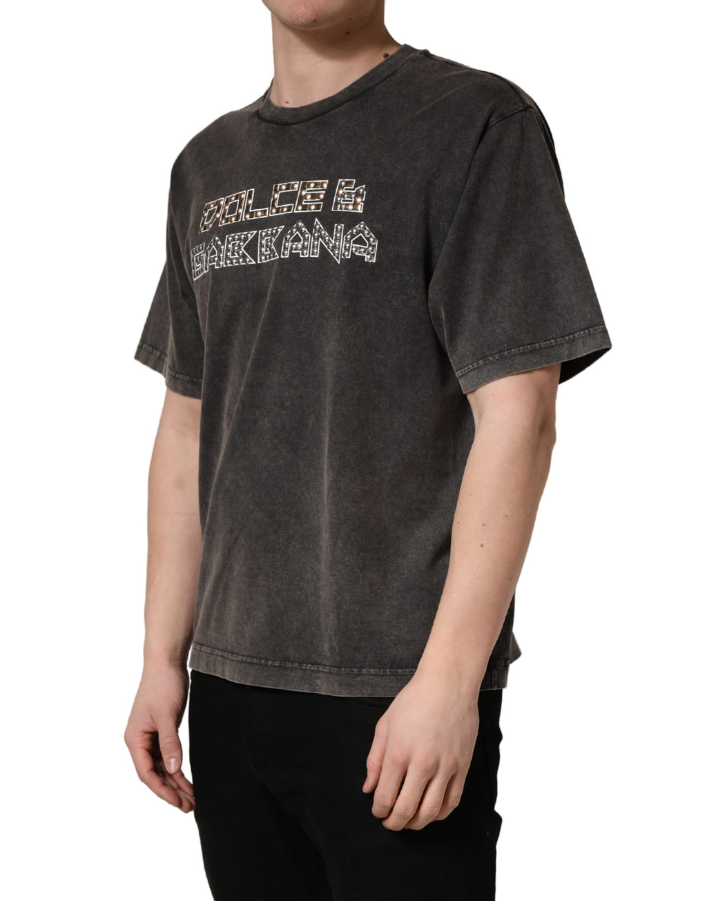 Dolce & Gabbana Gray Logo Embellished Men Crew Neck T-shirt