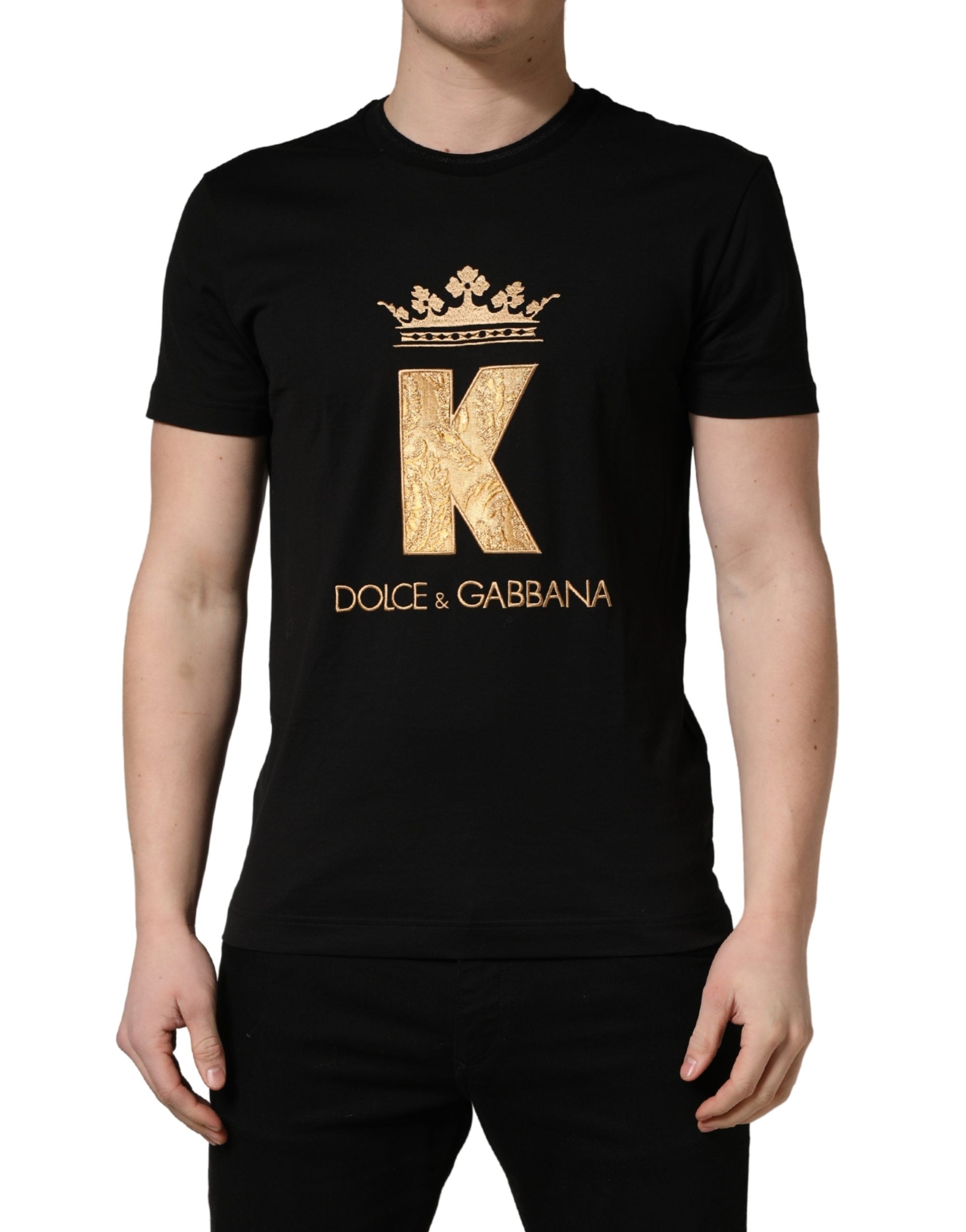 Dolce & Gabbana Black King Patch Cotton Men CrewNeck T-shirt