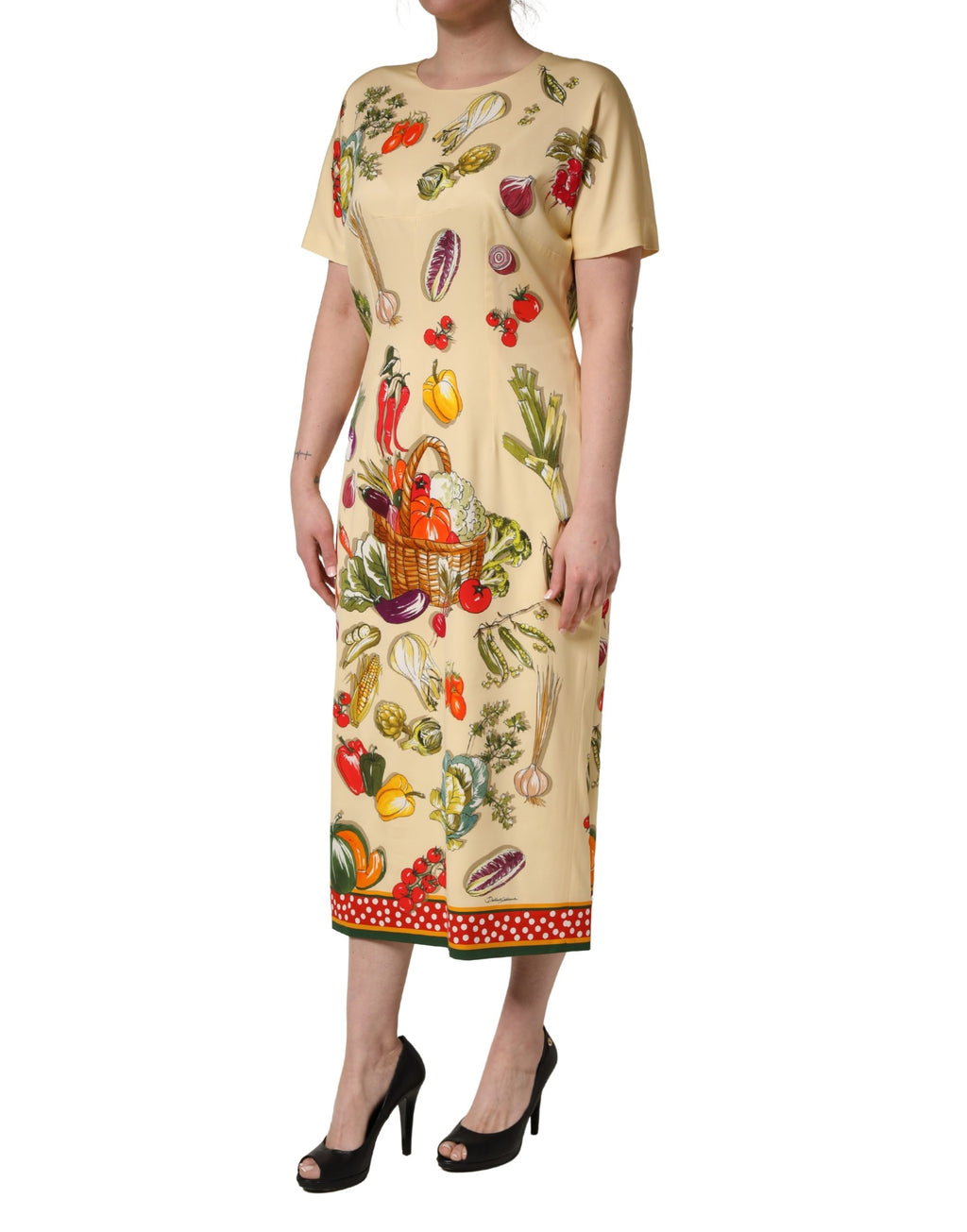 Dolce & Gabbana Beige Fruit PolkaDot Sheath Silk Midi Dress