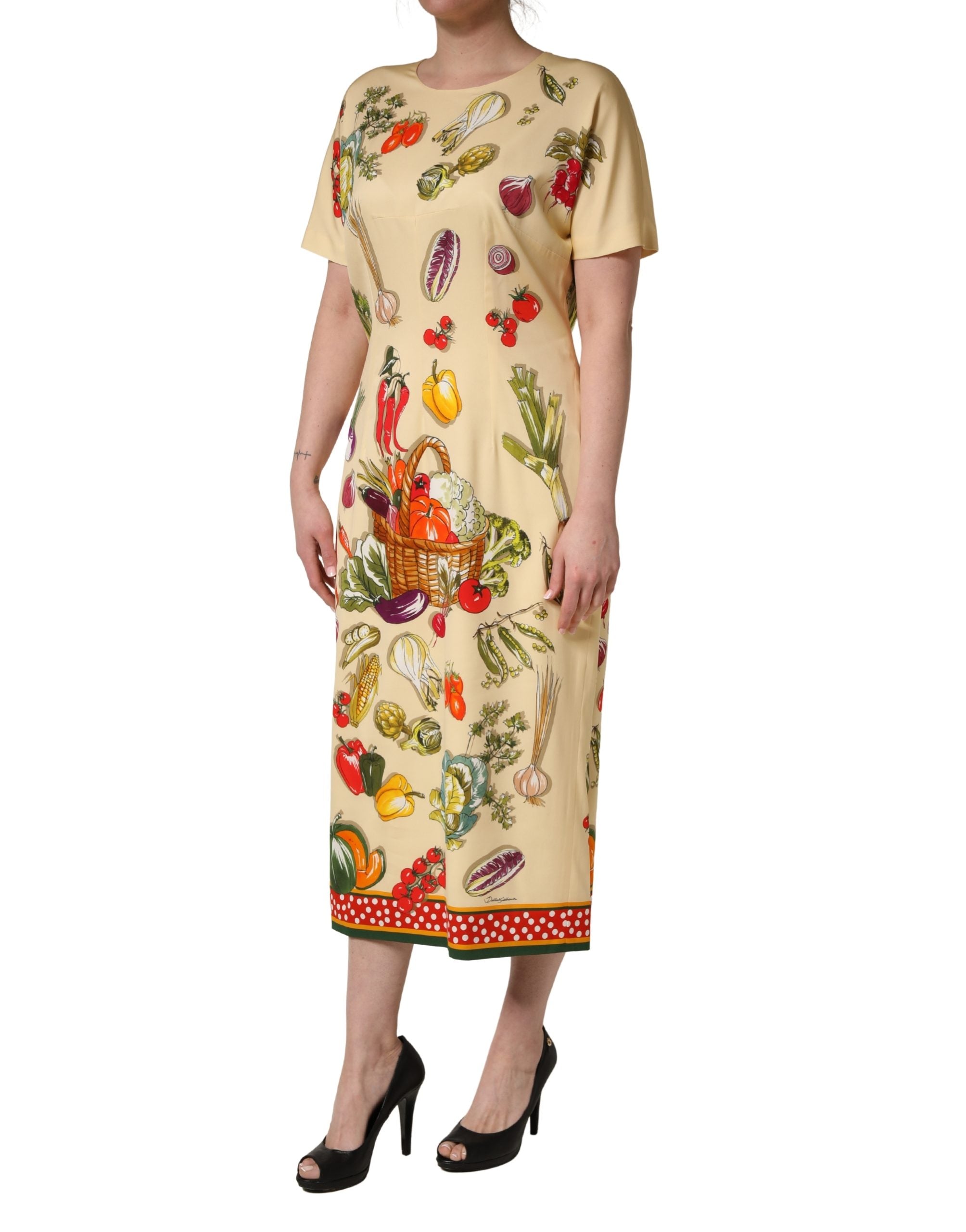 Dolce & Gabbana Beige Fruit PolkaDot Sheath Silk Midi Dress