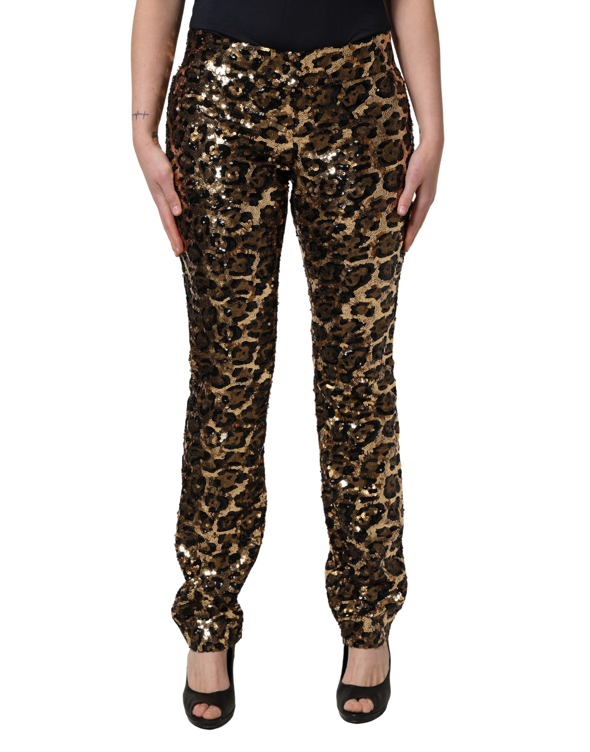 Dolce & Gabbana Gold Leopard Sequined Straight Trouser Pants