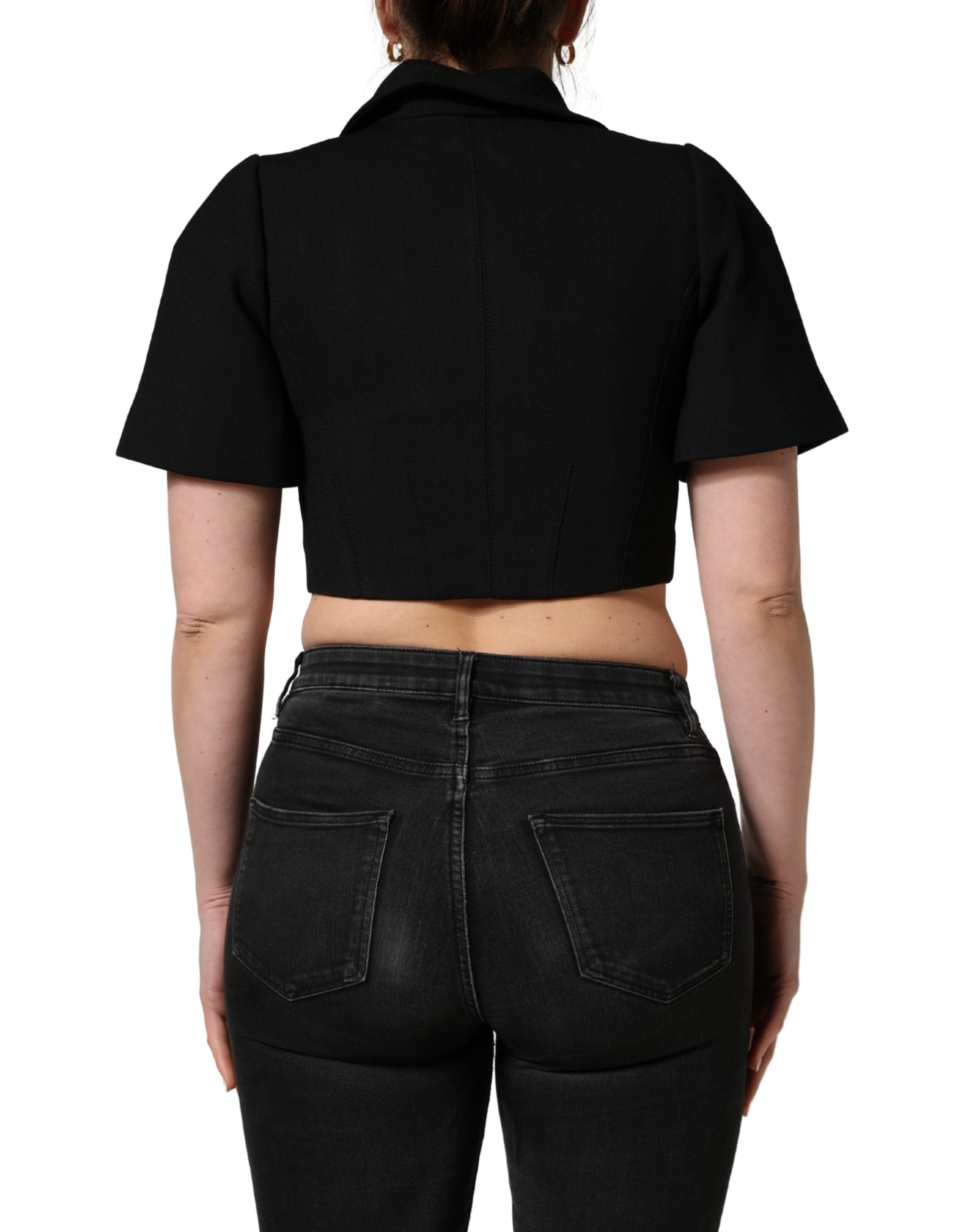 Dolce & Gabbana Black Collared Short Sleeves Cropped Blouse Top