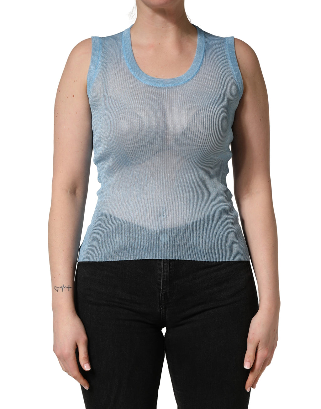 Dolce & Gabbana Blue Semi Sheer Ribbed Sleeveless Tank Top