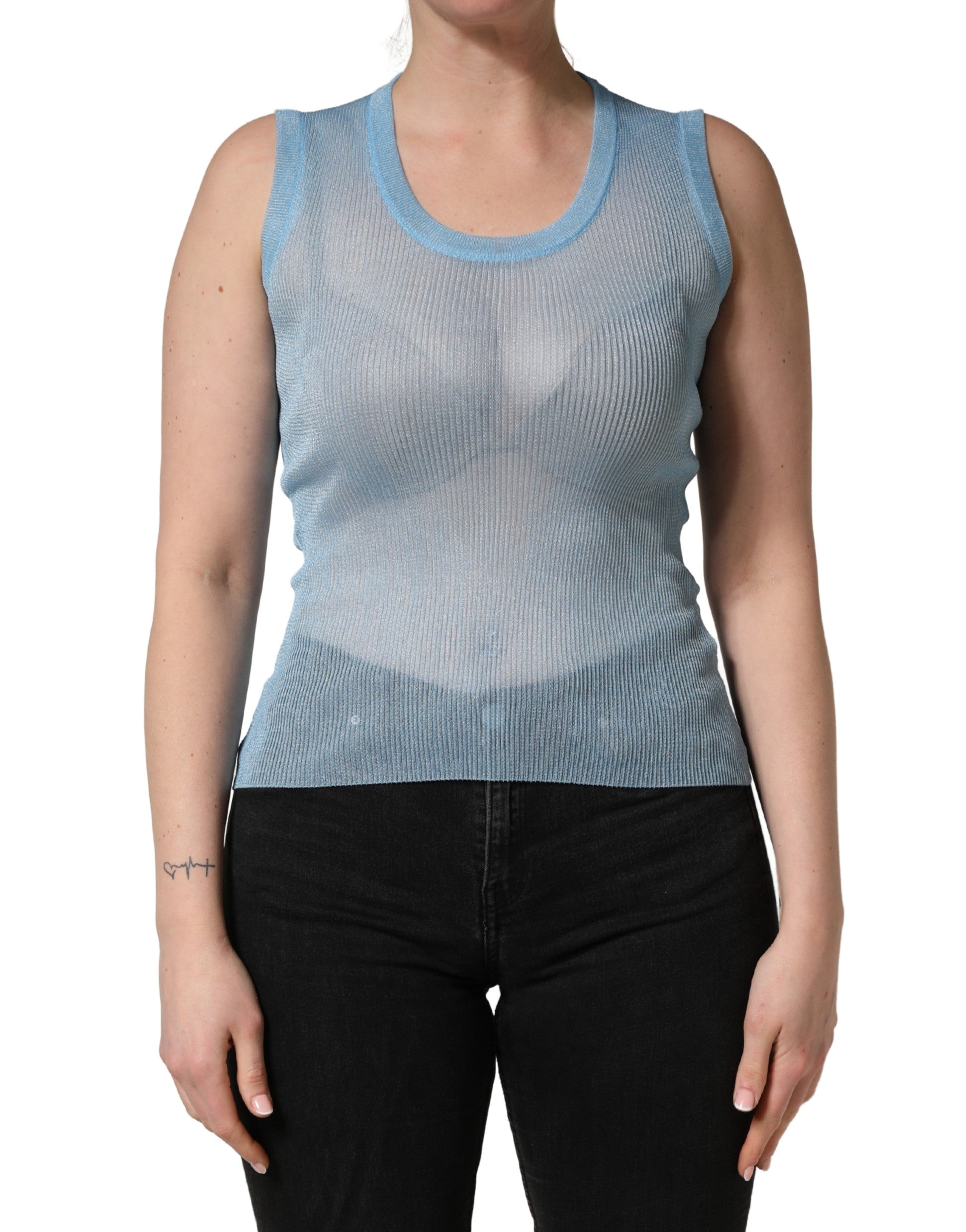 Dolce & Gabbana Blue Semi Sheer Ribbed Sleeveless Tank Top