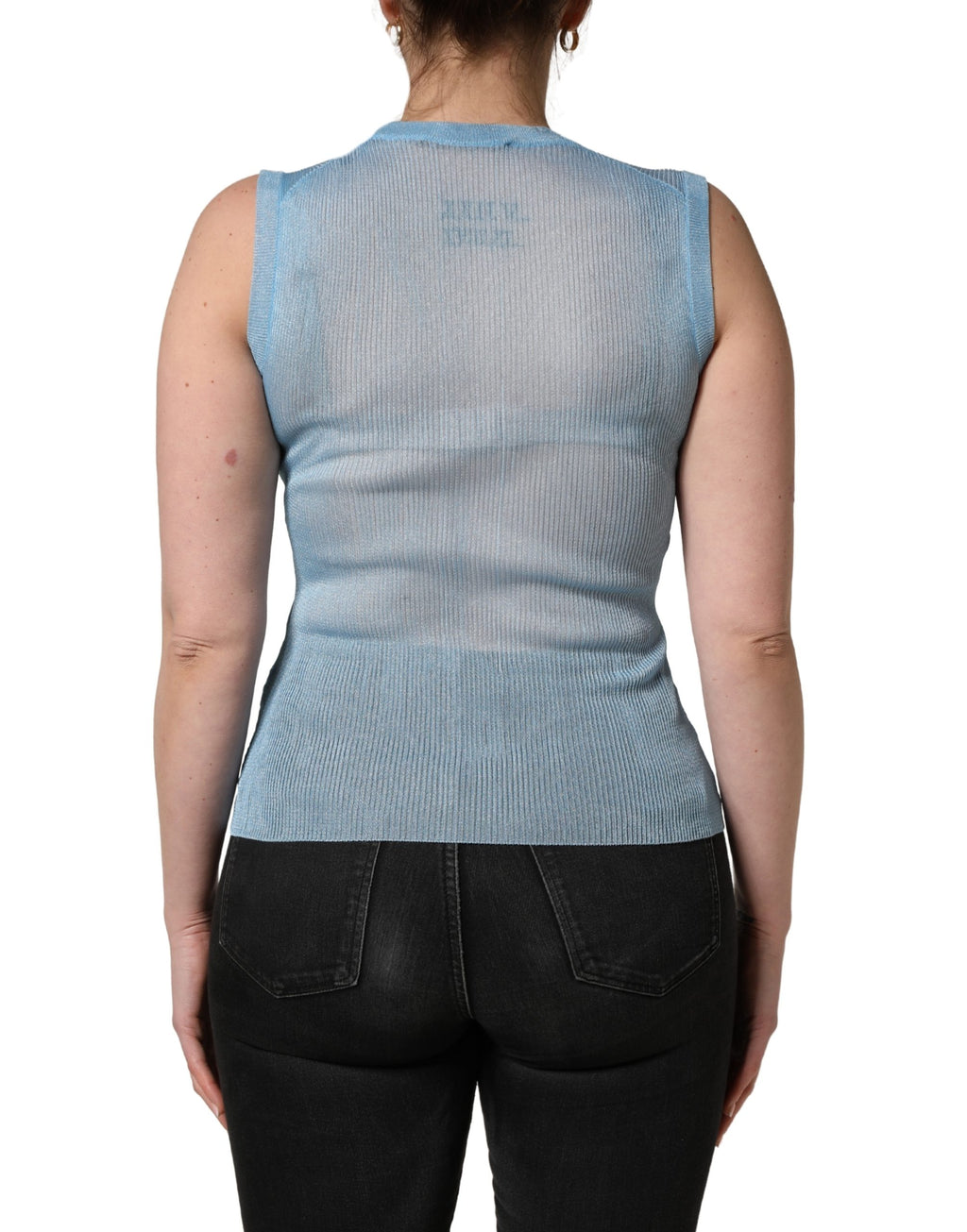 Dolce & Gabbana Blue Semi Sheer Ribbed Sleeveless Tank Top