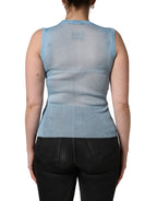 Dolce & Gabbana Blue Semi Sheer Ribbed Sleeveless Tank Top