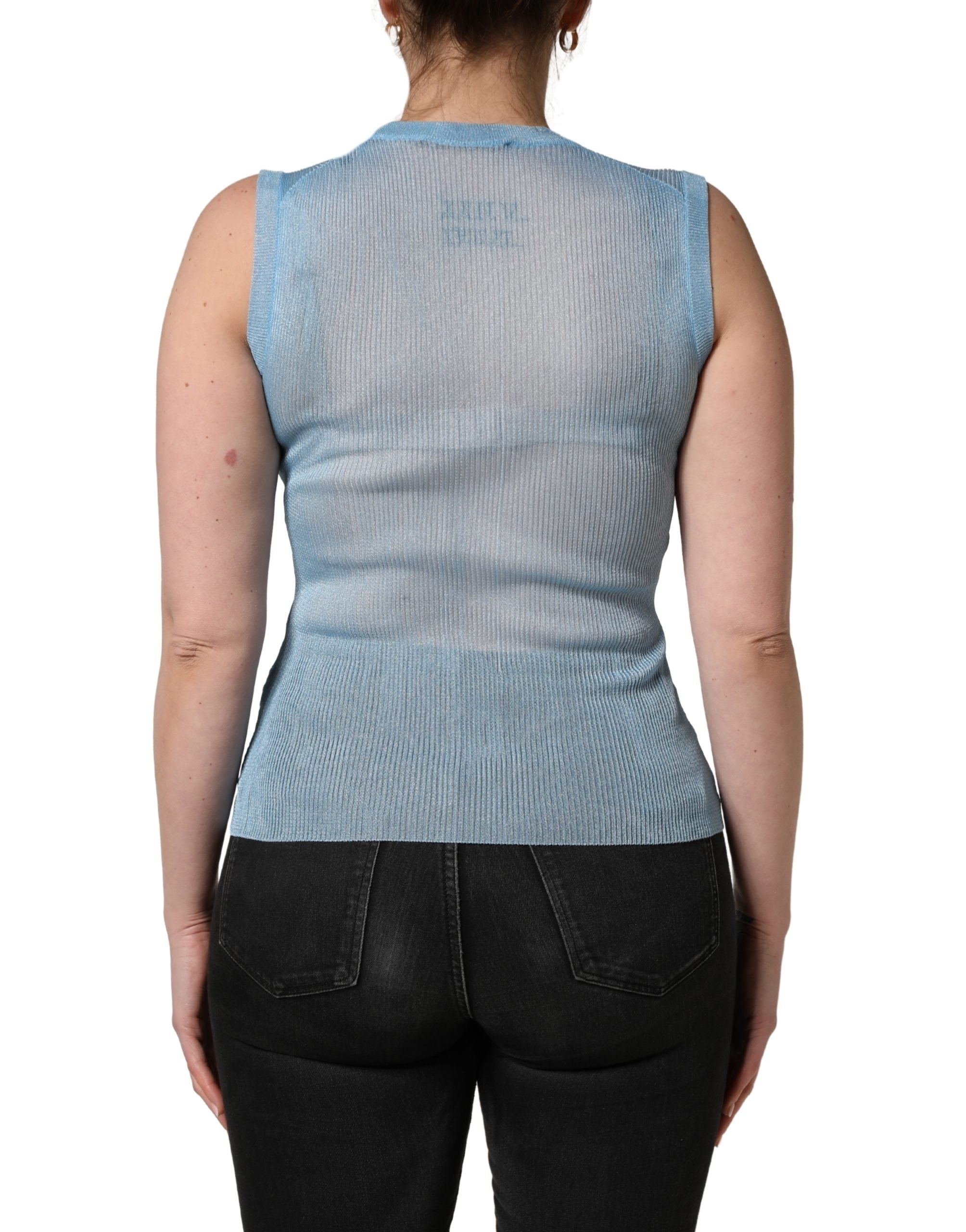 Dolce & Gabbana Blue Semi Sheer Ribbed Sleeveless Tank Top