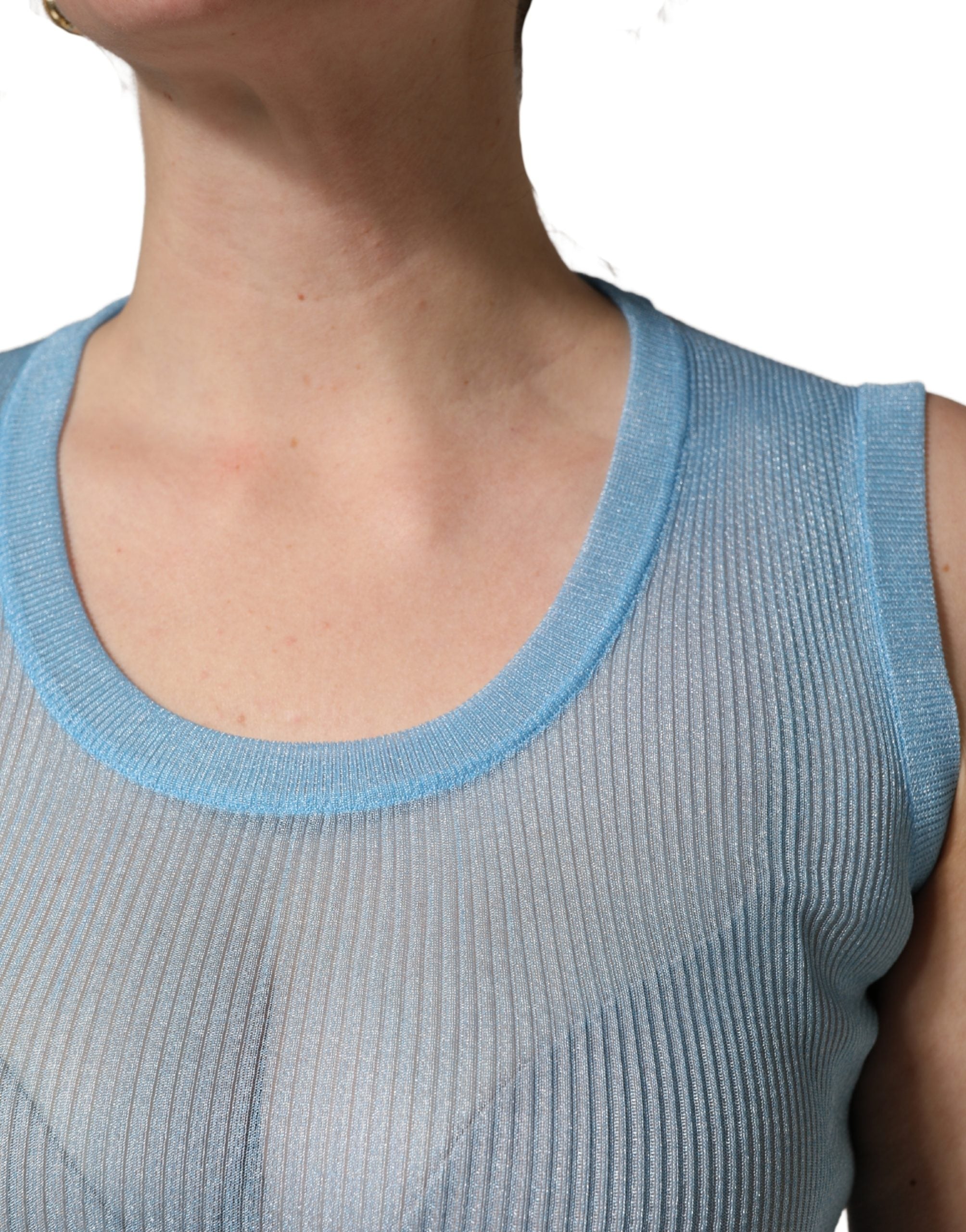 Dolce & Gabbana Blue Semi Sheer Ribbed Sleeveless Tank Top