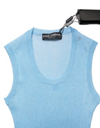 Dolce & Gabbana Blue Semi Sheer Ribbed Sleeveless Tank Top