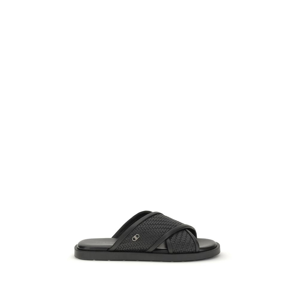 Ferragamo Black Calf Leather Bos Taurus Sandals