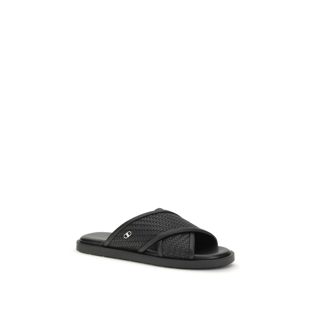 Ferragamo Black Calf Leather Bos Taurus Sandals