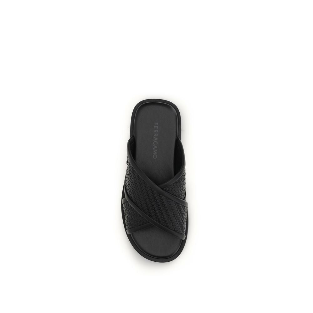 Ferragamo Black Calf Leather Bos Taurus Sandals