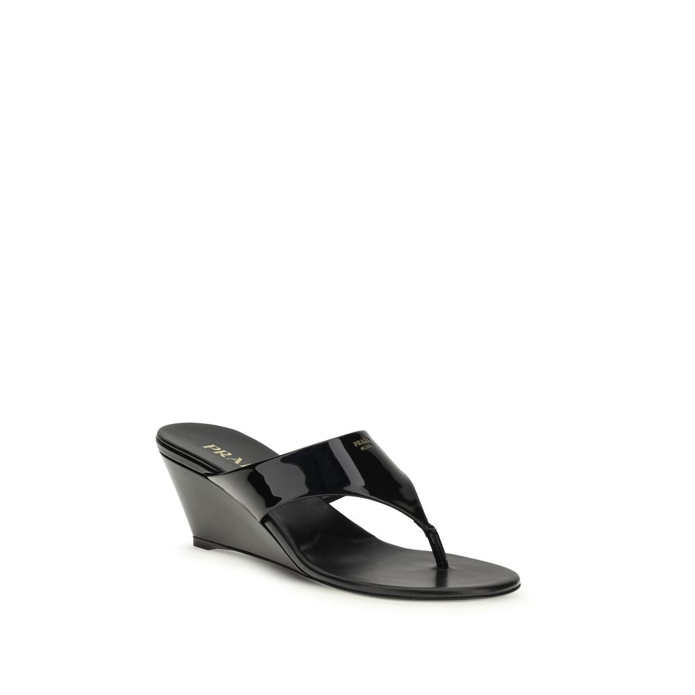 Prada Black Calf Leather Bos Taurus Wedge Sandals