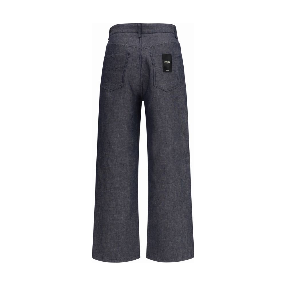 Fendi Blue Linen Relaxed Fit Jeans