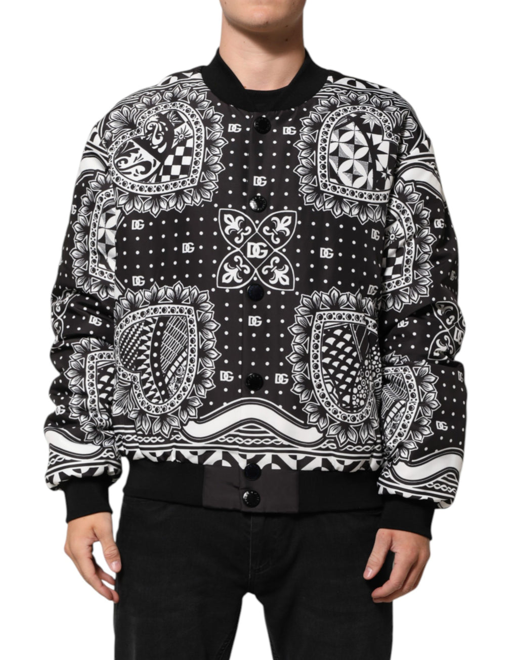 Dolce & Gabbana Black White BandanaPrint Men Bomber  Jacket