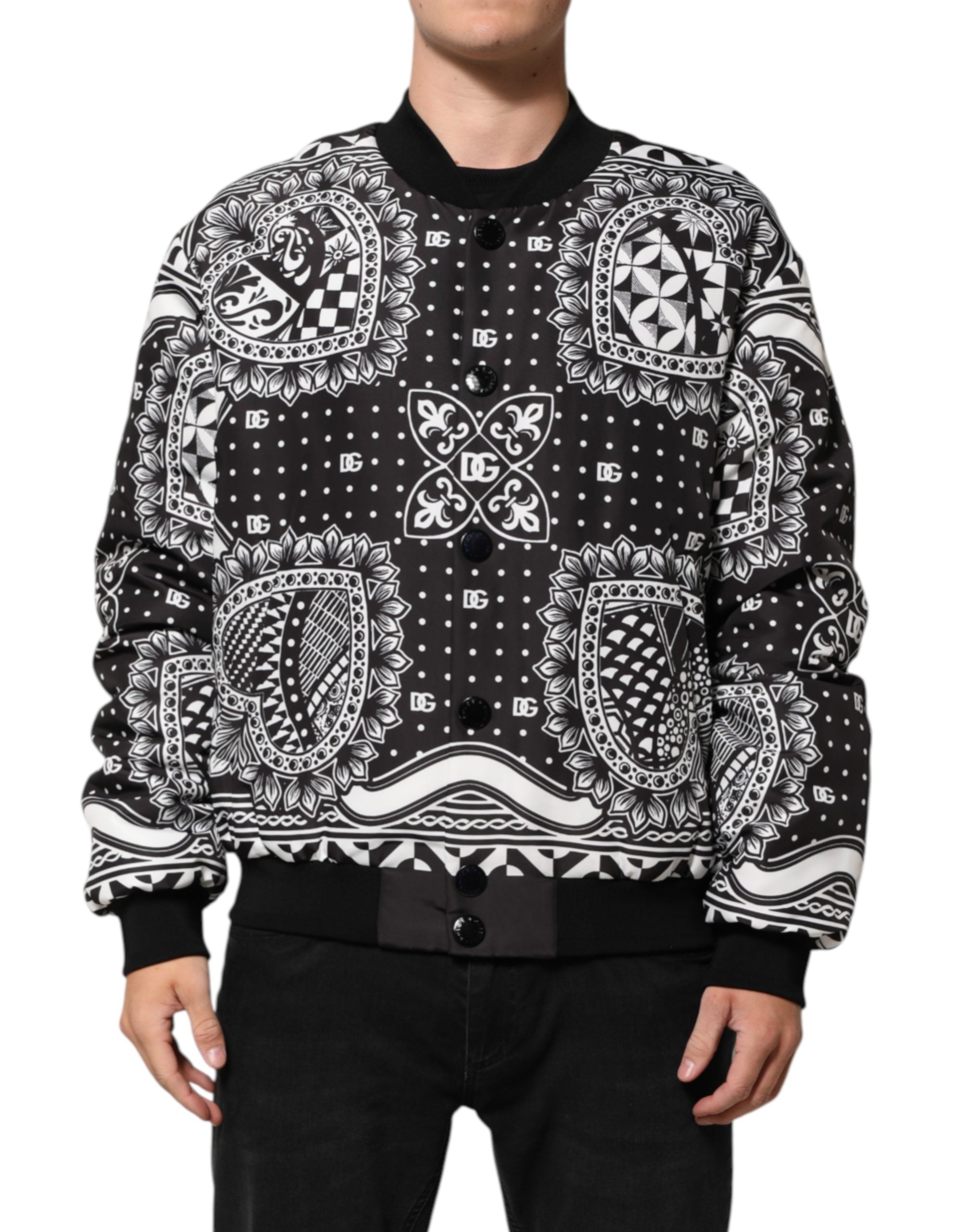 Dolce & Gabbana Black White BandanaPrint Men Bomber  Jacket